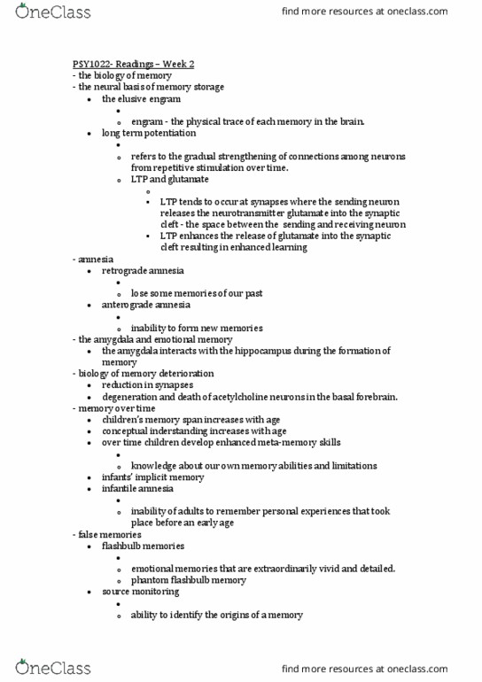 PSY1022 Chapter Notes - Chapter Prescribed : Amygdala, Cryptomnesia, Implicit Memory thumbnail